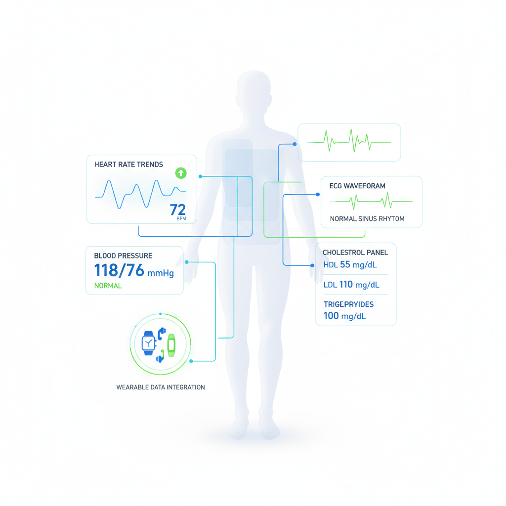 Integrated health platform ecosystem showing four components: wearable devices with real-time vitals, professional physician, patient using mobile app, and lab results panel, all connected by AI Analytics core